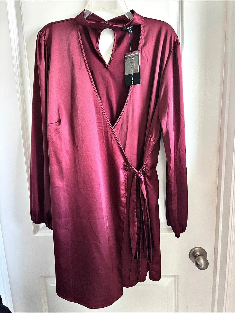 Fashion Nova Satin-Look Wrap Mini Dress in Burgundy